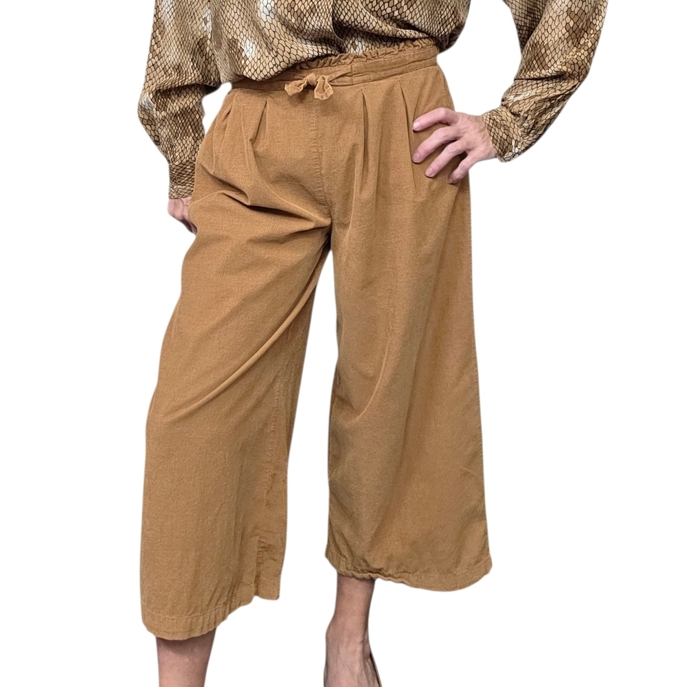 Nordstrom Cotton Cropped Wide Leg Pants Tan Paperbag Waist Size S